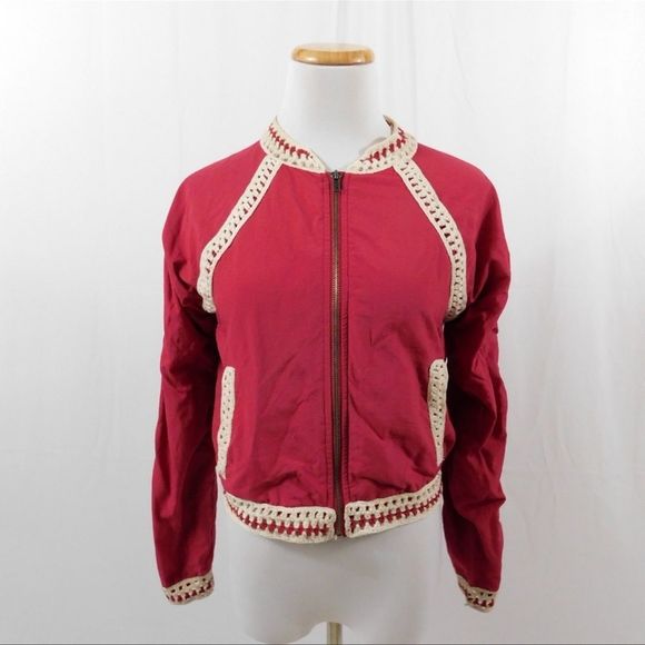 Free People Crochet Inset Baseball Bomber Jacket XS - Picture 6 of 9